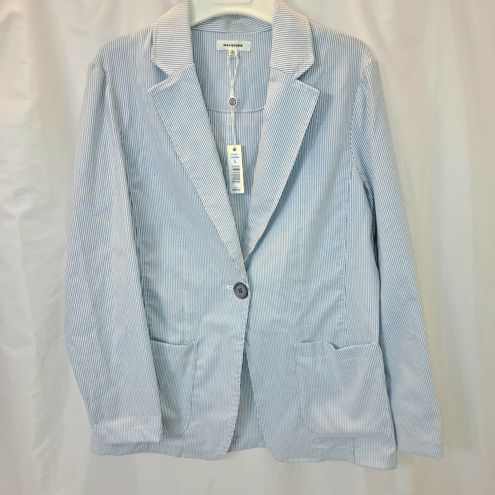 Max Studio Light Gray Sz L Pinstripe Blazer With Stretch